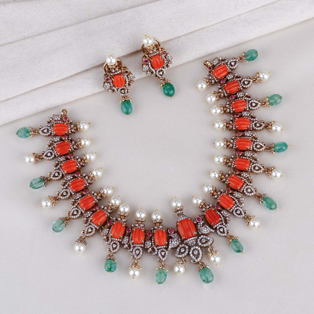 Pure 92.5 Silver, Coral Look On Victorian Necklace Set