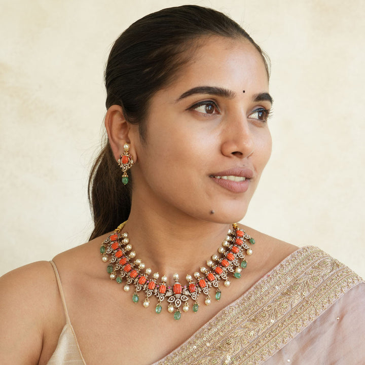 Pure 92.5 Silver Coral Look On Victorian Necklace Set