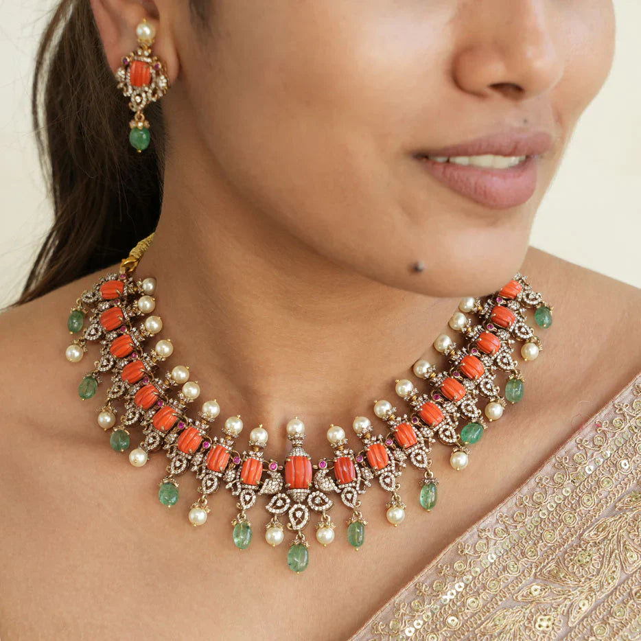 Pure 92.5 Silver, Coral Look On Victorian Necklace Set