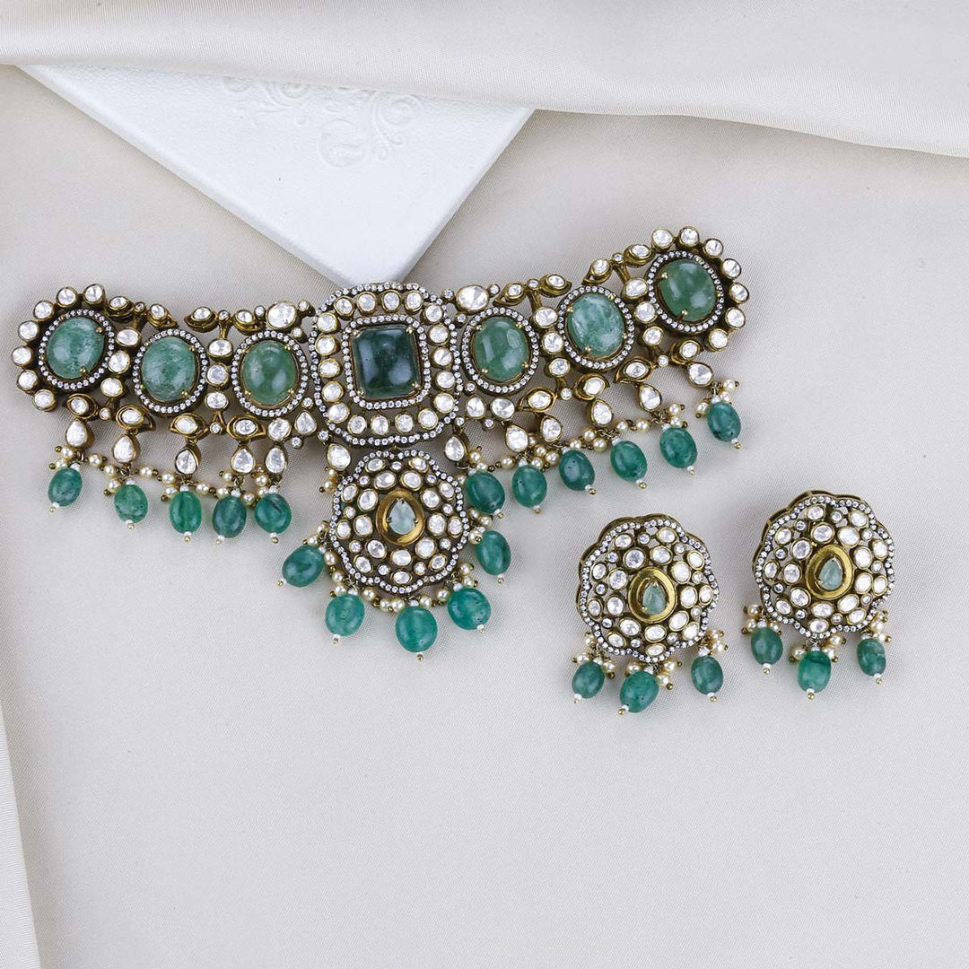 92.5 Silver, Victorian Necklace set studded with Gem Stones and Dangling Beads