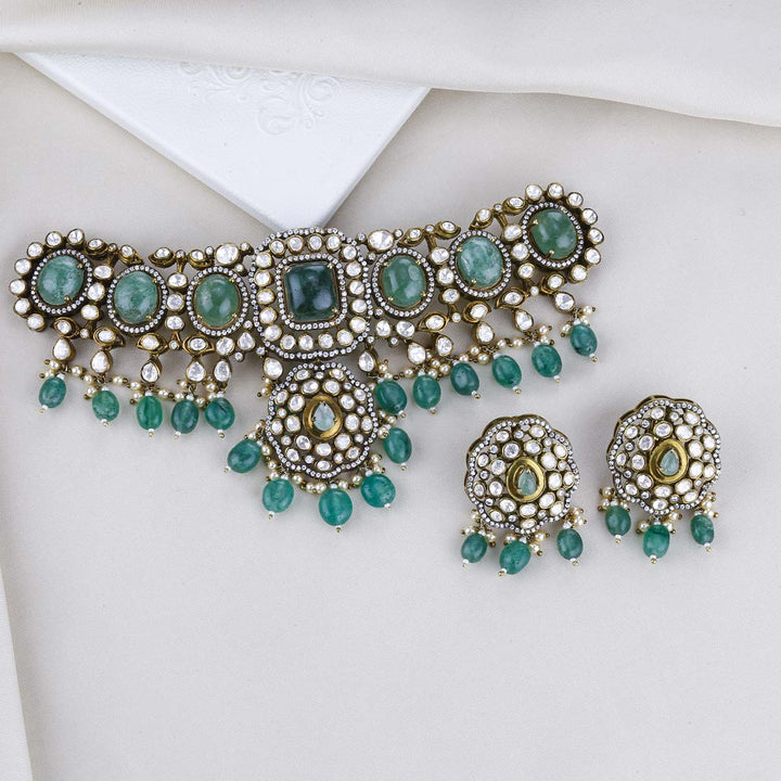 92.5 Silver, Victorian Necklace set studded with Gem Stones and Dangling Beads