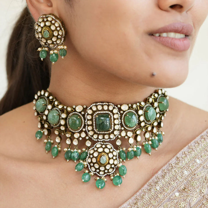 92.5 Silver, Victorian Necklace set studded with Gem Stones and Dangling Beads