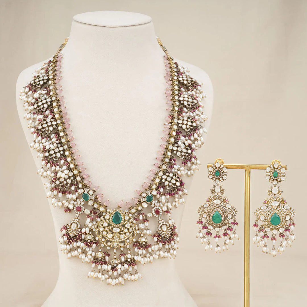 92.5 Silver, Victorian Necklace set studded with Gem Stones and Pearl Beads.
