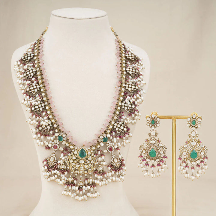 92.5 Silver, Victorian Necklace set studded with Gem Stones and Pearl Beads.