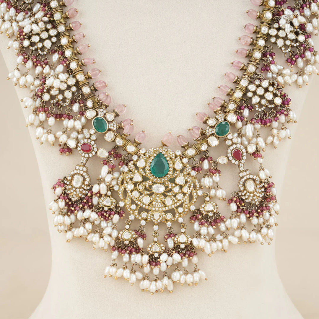 92.5 Silver, Victorian Necklace set studded with Gem Stones and Pearl Beads.
