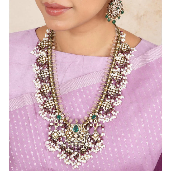 92.5 Silver, Victorian Necklace set studded with Gem Stones and Pearl Beads.
