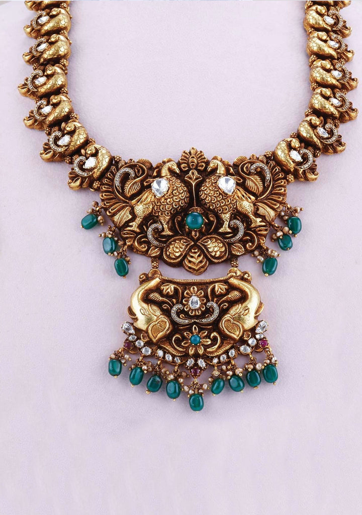 92.5 Silver 24 Kt Gold Plated Standout Necklace with Twin Peacock and Elephant pendant and Moissanite stones