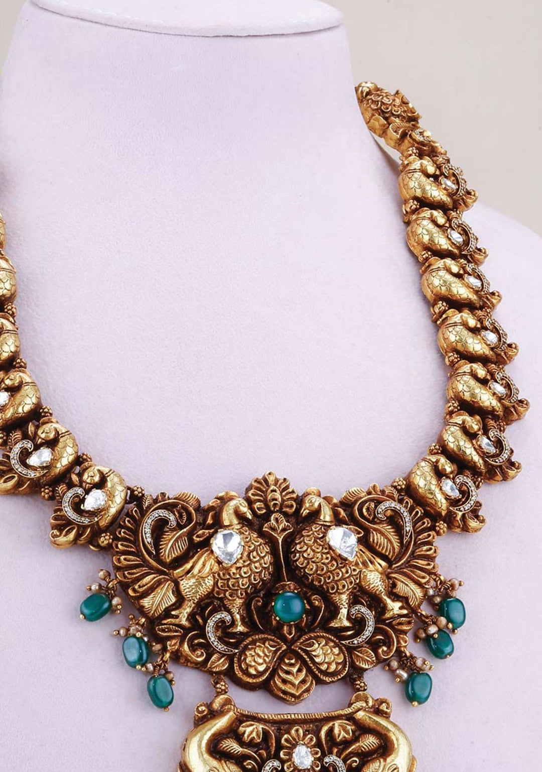 92.5 Silver 24 Kt Gold Plated Standout Necklace with Twin Peacock and Elephant pendant and Moissanite stones