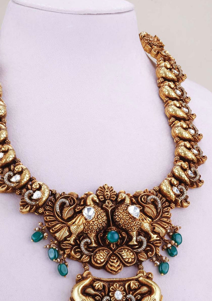 92.5 Silver 24 Kt Gold Plated Standout Necklace with Twin Peacock and Elephant pendant and Moissanite stones