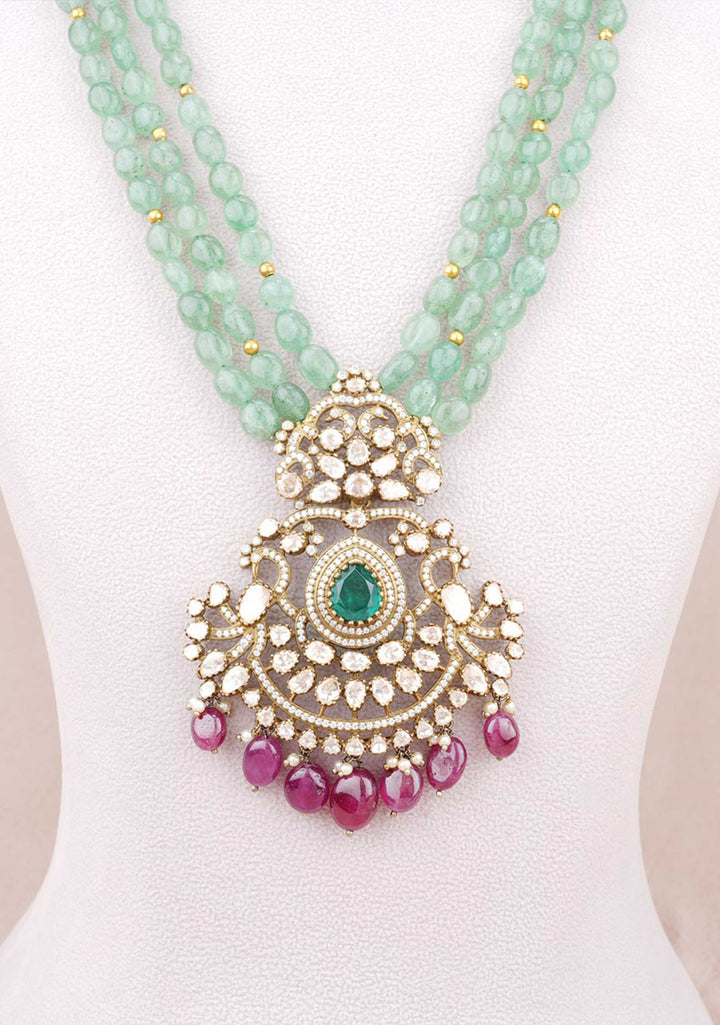 92.5  Silver 24 Ct Gold Plated Victorian Sage Green Multistrand Necklace Set