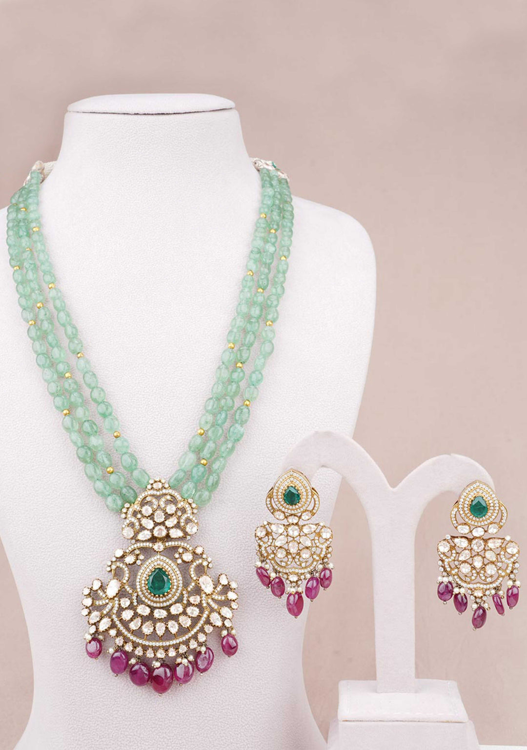 92.5  Silver 24 Ct Gold Plated Victorian Sage Green Multistrand Necklace Set