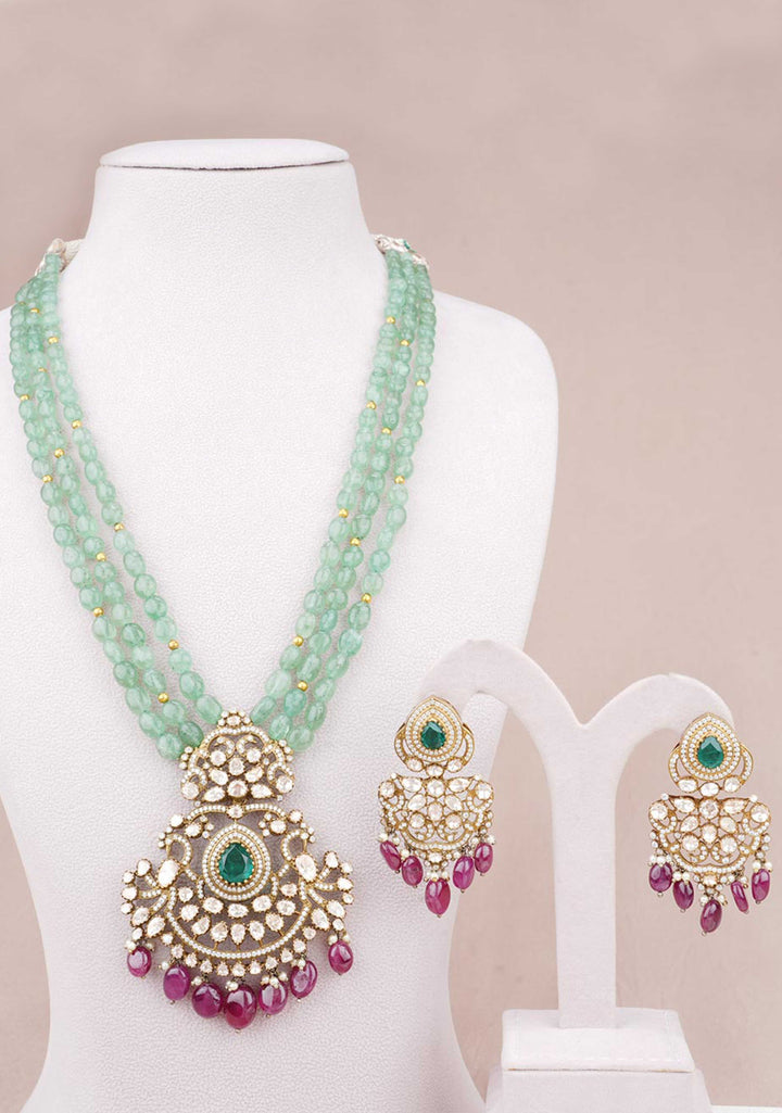 92.5  Silver 24 Ct Gold Plated Victorian Sage Green Multistrand Necklace Set