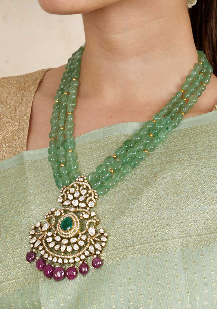 92.5  Silver 24 Ct Gold Plated Victorian Sage Green Multistrand Necklace Set