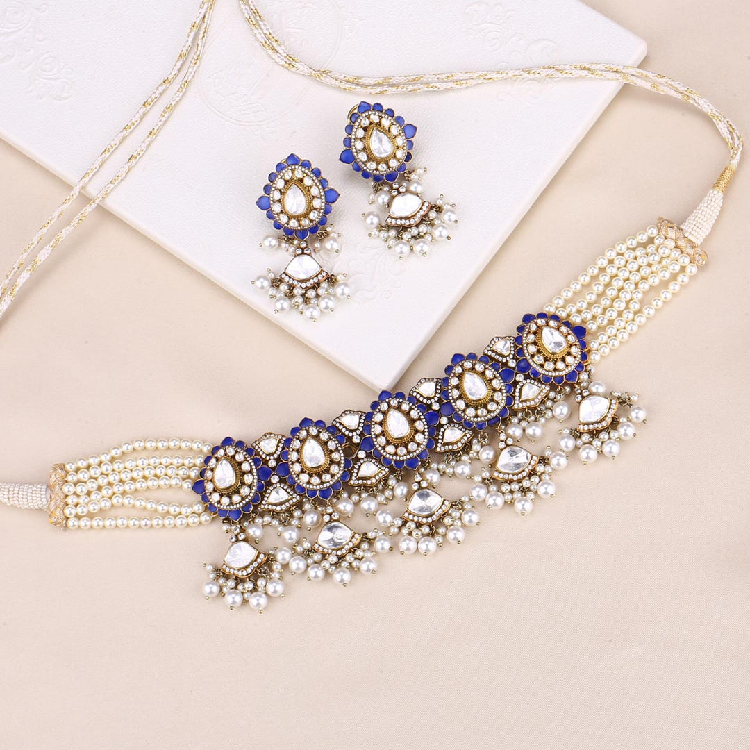 92.5 Silver, Victorian Necklace set studded with Gem Stones and Pearl Beads.