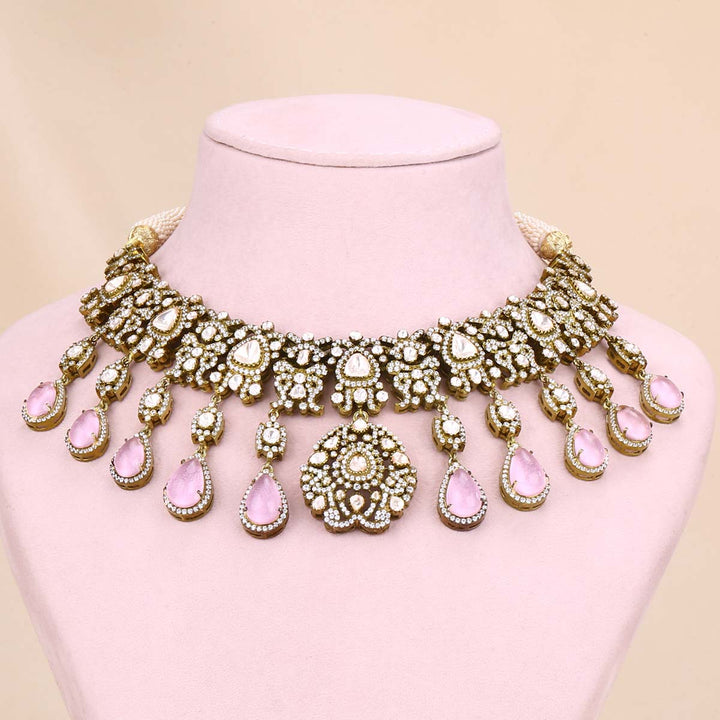 92.5 Silver Soft Peach Dangles Victorian Choker Set