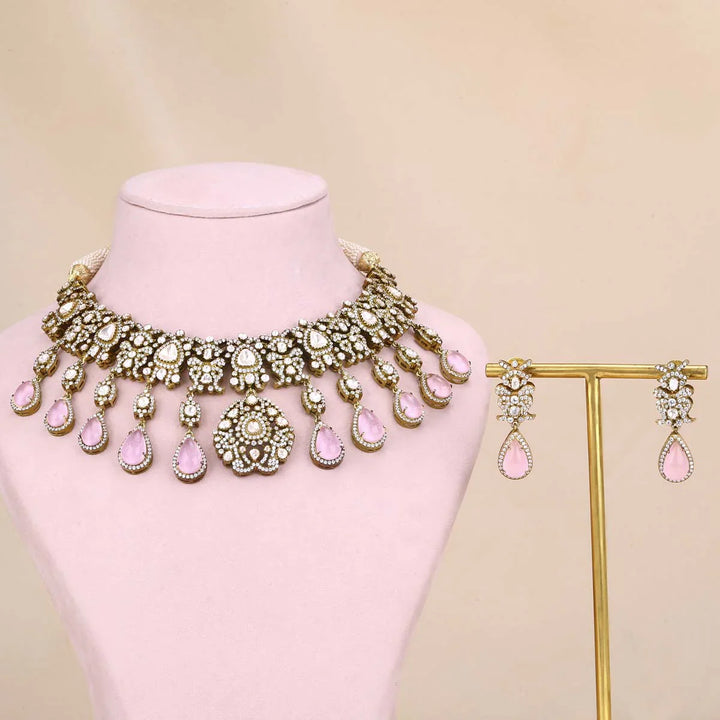 92.5 Silver Soft Peach Dangles Victorian Choker Set