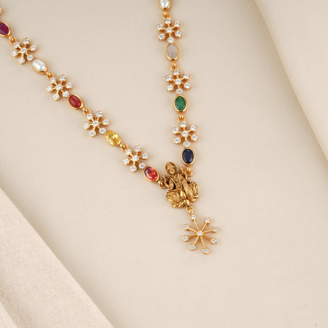 92.5 Pure Silver, 24kt Gold Plated Navaratna Hemakshi Stone Necklace
