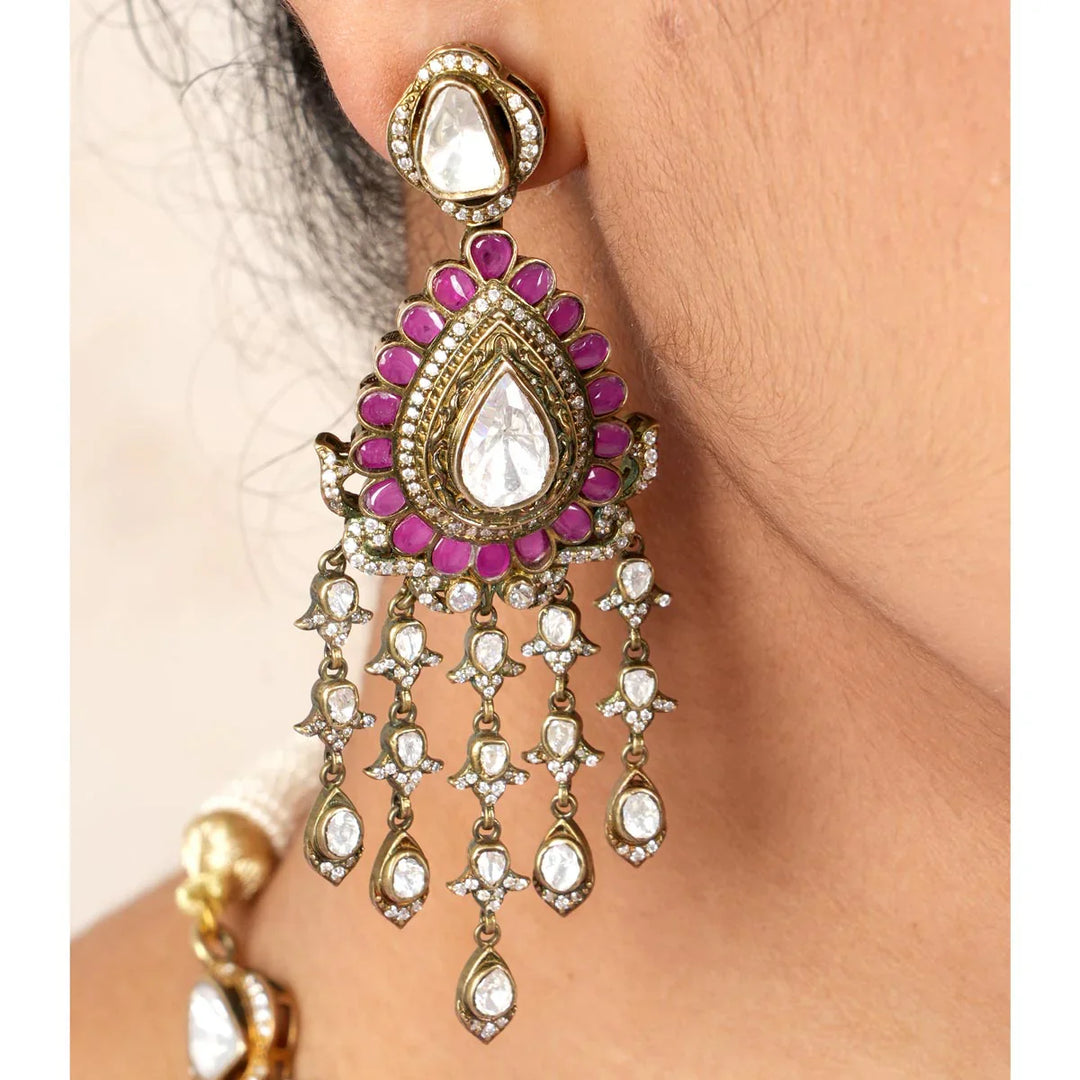 92.5 Silver, Victorian Necklace set studded with Gem Stones and Pearl Beads.