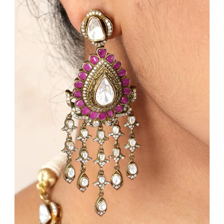 92.5 Silver, Victorian Necklace set studded with Gem Stones and Pearl Beads.