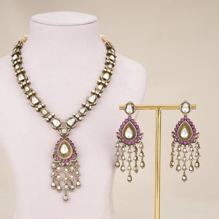 92.5 Silver, Victorian Necklace set studded with Gem Stones and Pearl Beads.