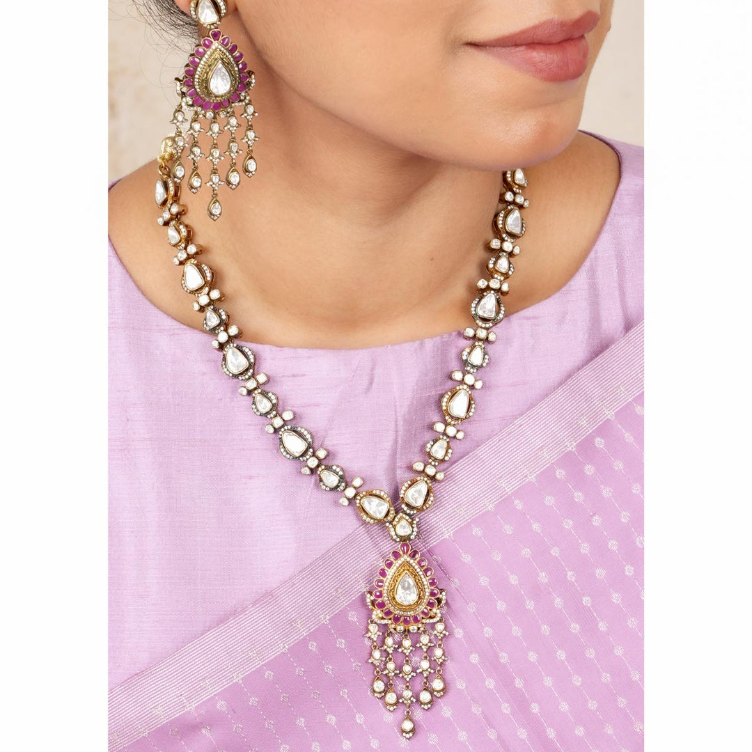 92.5 Silver, Victorian Necklace set studded with Gem Stones and Pearl Beads.