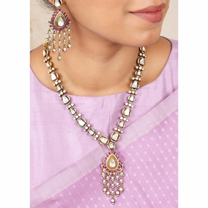 92.5 Silver, Victorian Necklace set studded with Gem Stones and Pearl Beads.