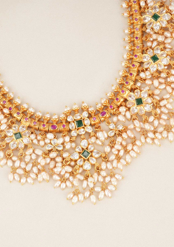 92.5 Silver 24 Kt Gold Plated Floral Guttapusalu Necklace