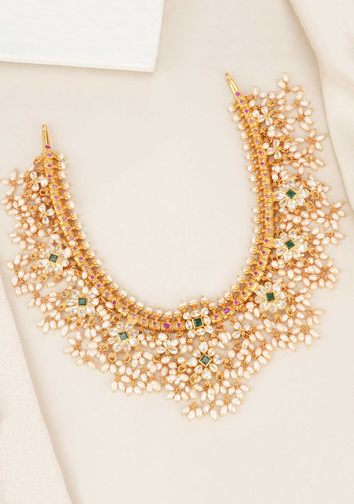 92.5 Silver 24 Kt Gold Plated Floral Guttapusalu Necklace