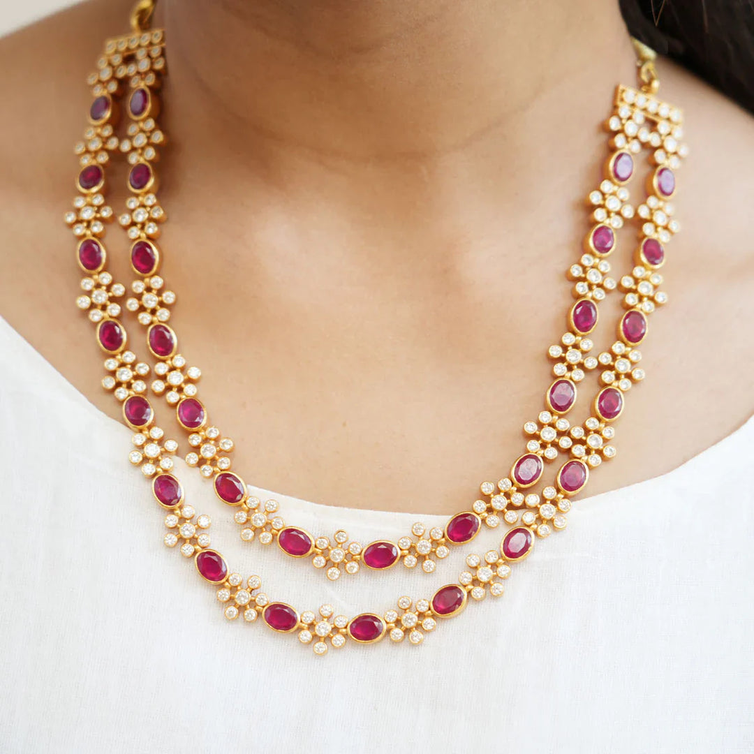 92.5 Silver Red Stone Short Necklace