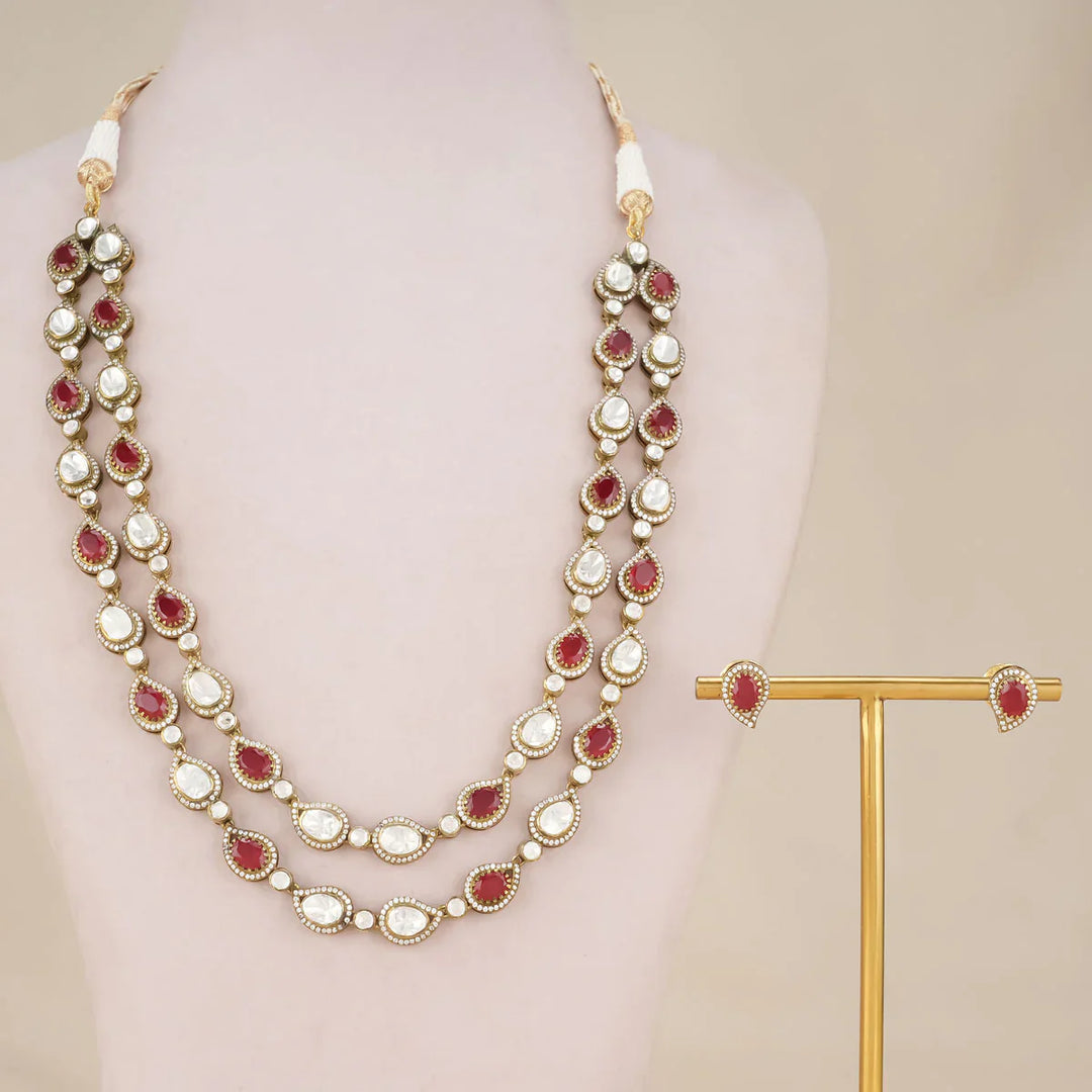 92.5 Silver, Victorian Necklace set studded with Gem Stones and Pearl Beads.