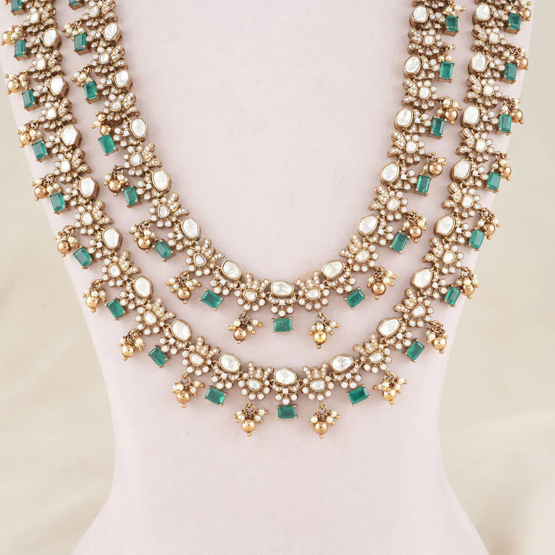 92.5 Silver Victorian Long Necklace Set with Mint Green and CZ Stones
