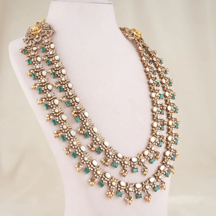 92.5 Silver Victorian Long Necklace Set with Mint Green and CZ Stones