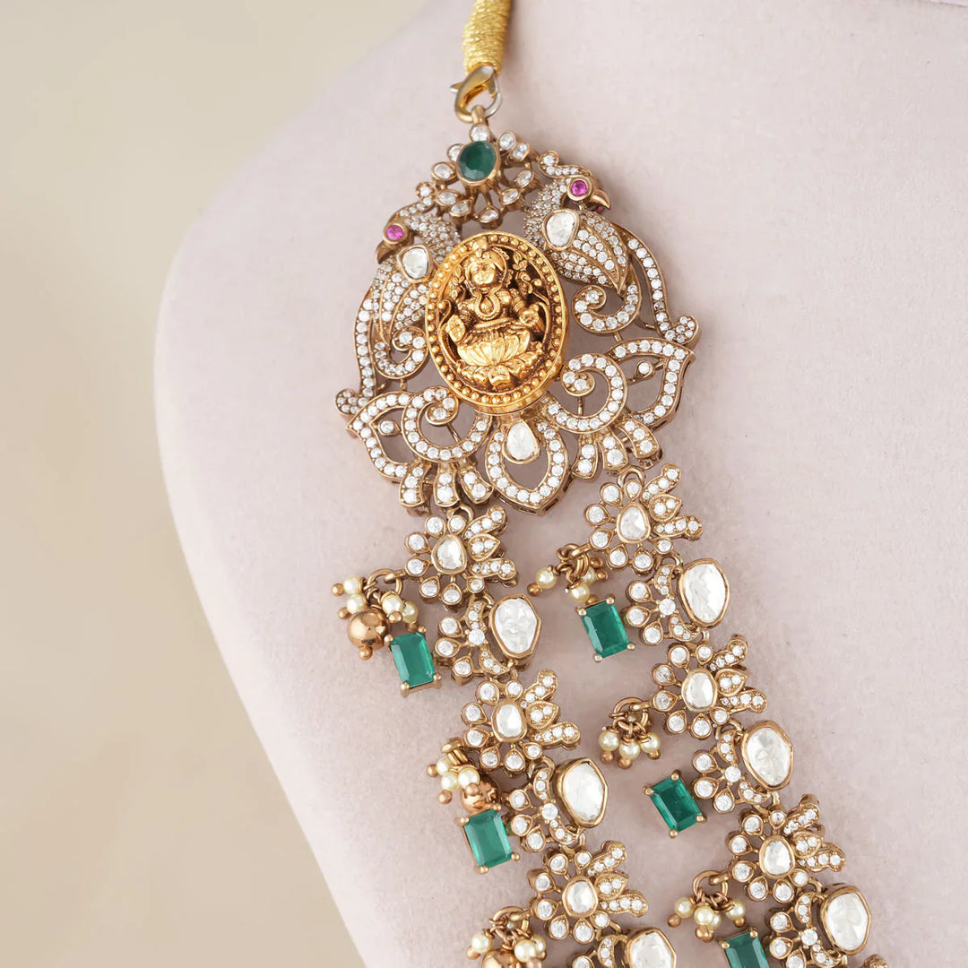 92.5 Silver Victorian Long Necklace Set with Mint Green and CZ Stones