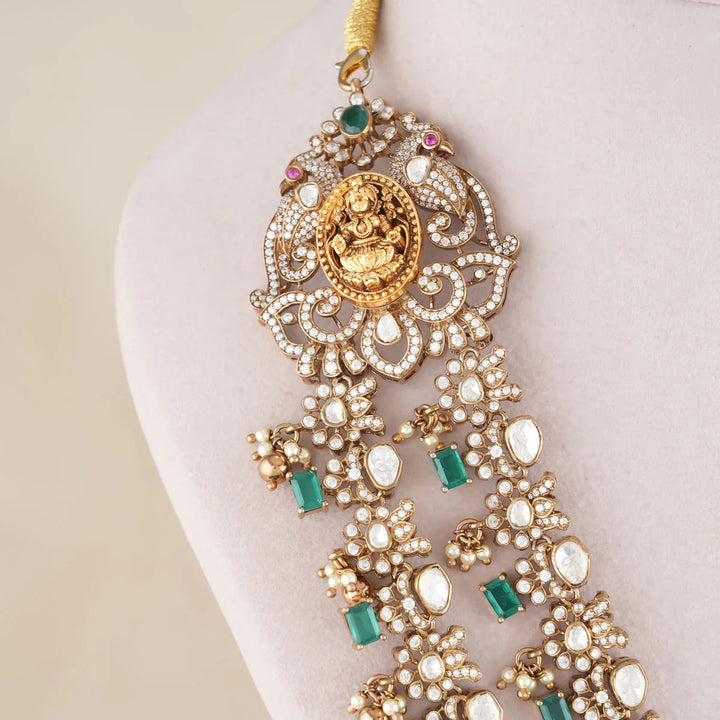 92.5 Silver Victorian Long Necklace Set with Mint Green and CZ Stones