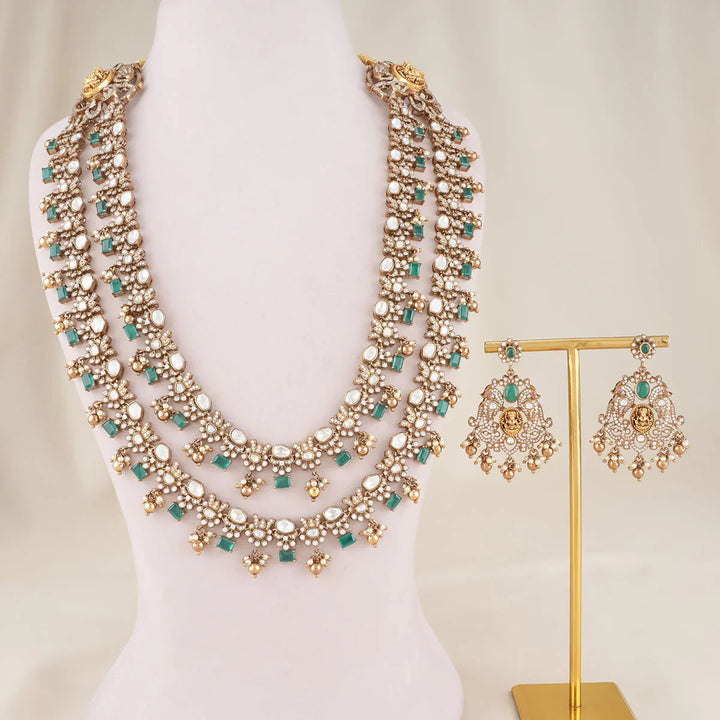 92.5 Silver Victorian Long Necklace Set with Mint Green and CZ Stones