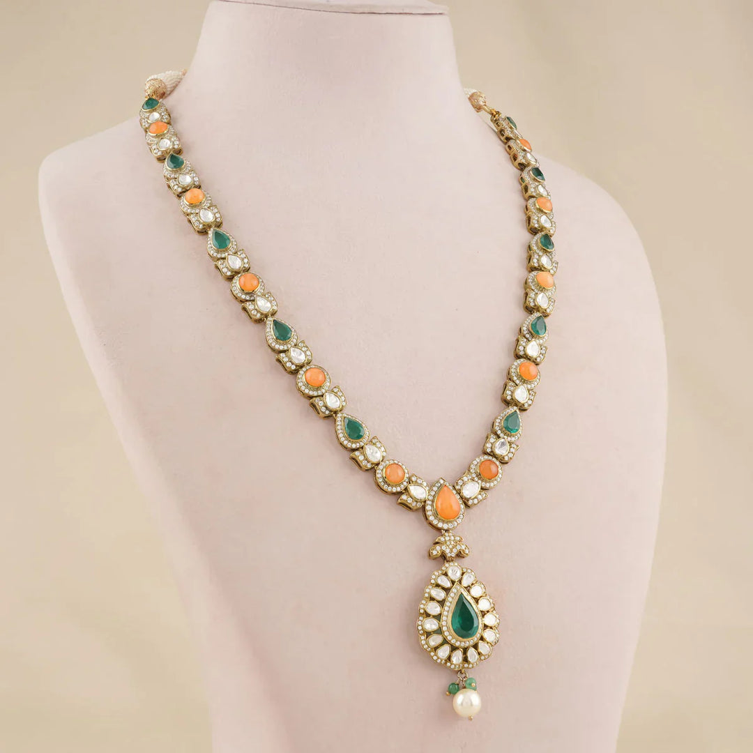 92.5 Silver, Victorian Necklace set studded with Gem Stones and Pearl Beads.
