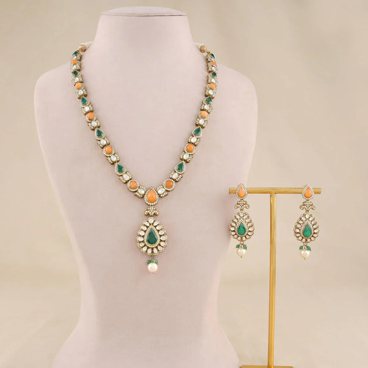 92.5 Silver, Victorian Necklace set studded with Gem Stones and Pearl Beads.