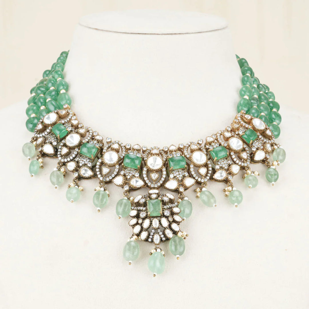 92.5 Silver Victorian Necklace studded with Gem Stones and Pearl Beads.