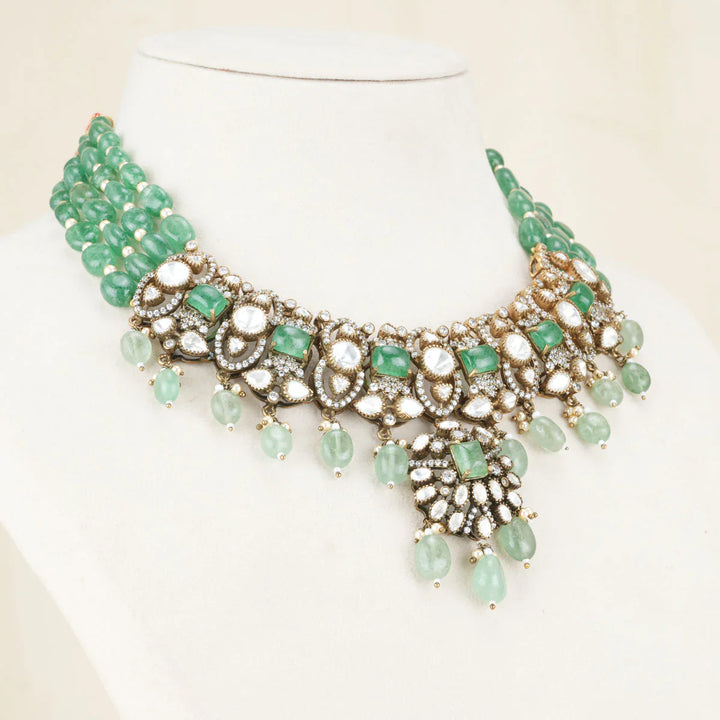 92.5 Silver Victorian Necklace studded with Gem Stones and Pearl Beads.