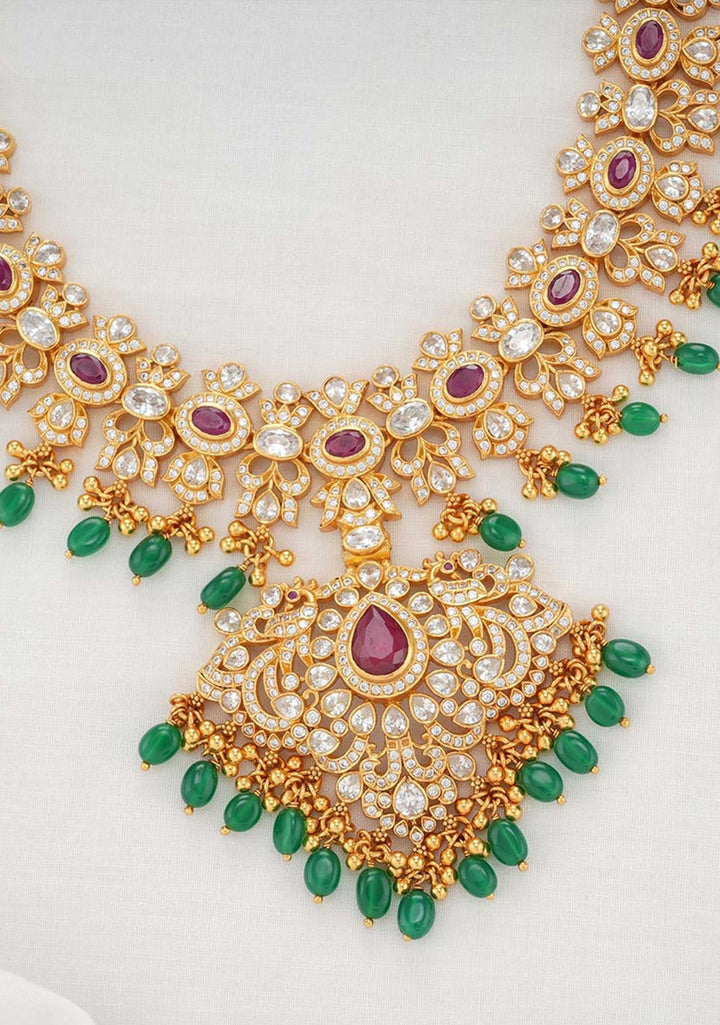 925 Silver  CZ Necklace with Pendant and Green dangling stones