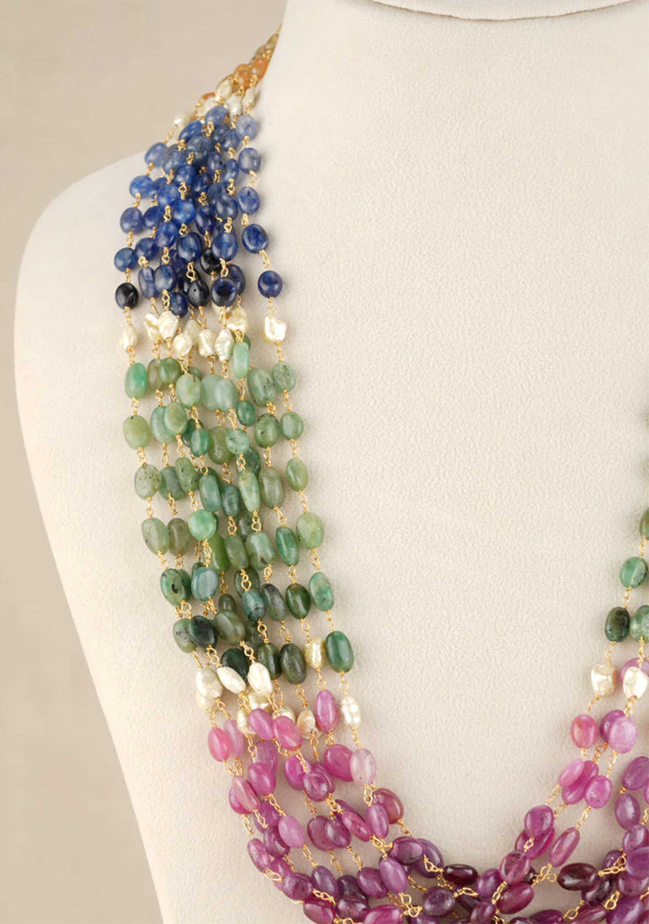 925 Silver , Natural Ruby, Emerald, Blue and Yellow Saphire Multistrand Necklace
