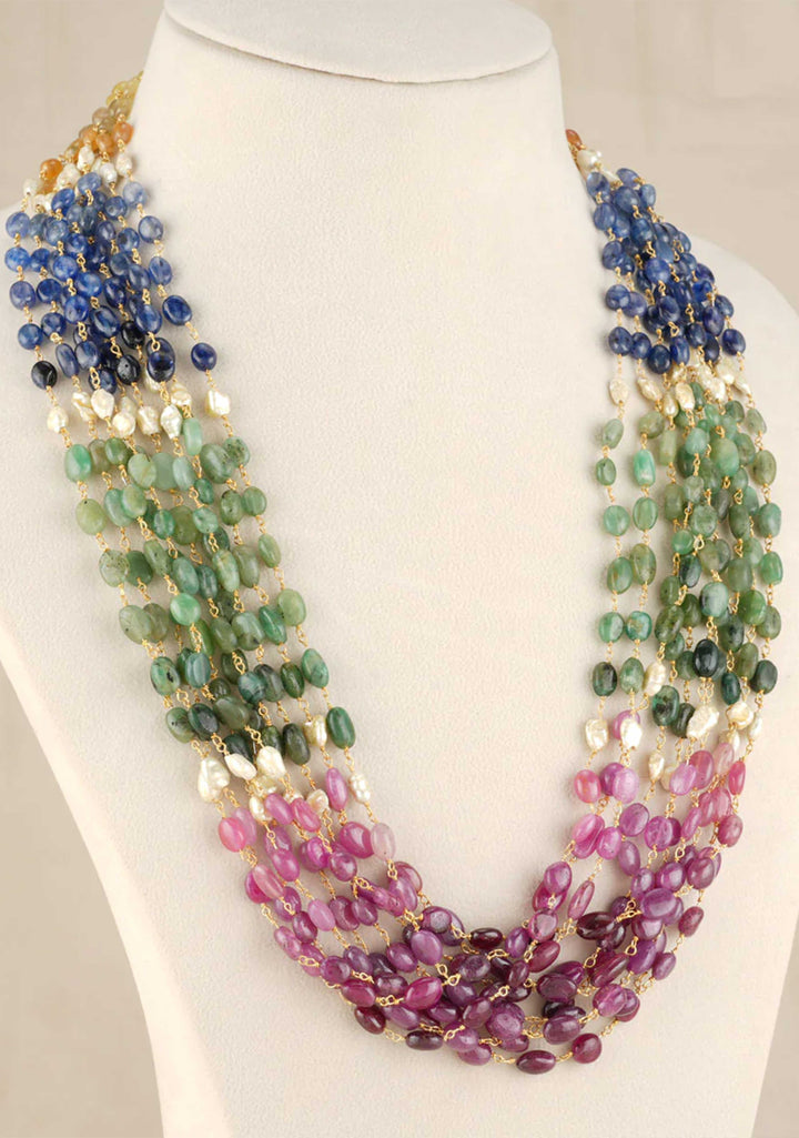 925 Silver , Natural Ruby, Emerald, Blue and Yellow Saphire Multistrand Necklace