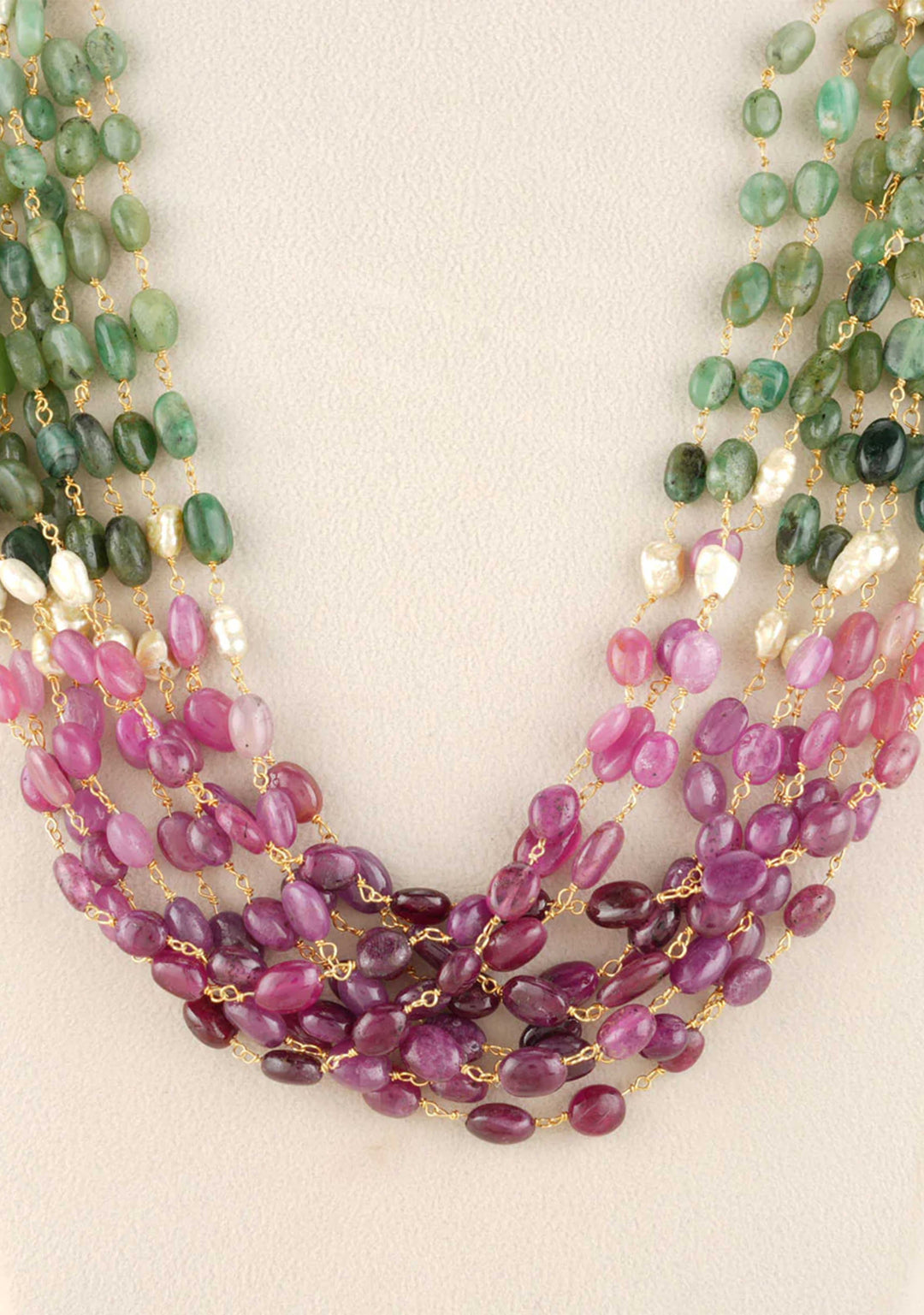 925 Silver , Natural Ruby, Emerald, Blue and Yellow Saphire Multistrand Necklace