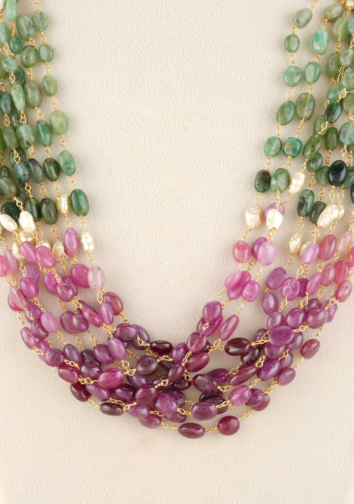 925 Silver , Natural Ruby, Emerald, Blue and Yellow Saphire Multistrand Necklace