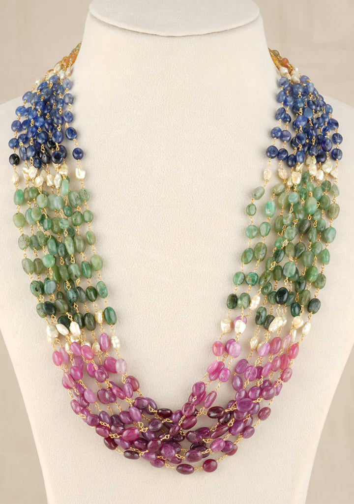 925 Silver , Natural Ruby, Emerald, Blue and Yellow Saphire Multistrand Necklace