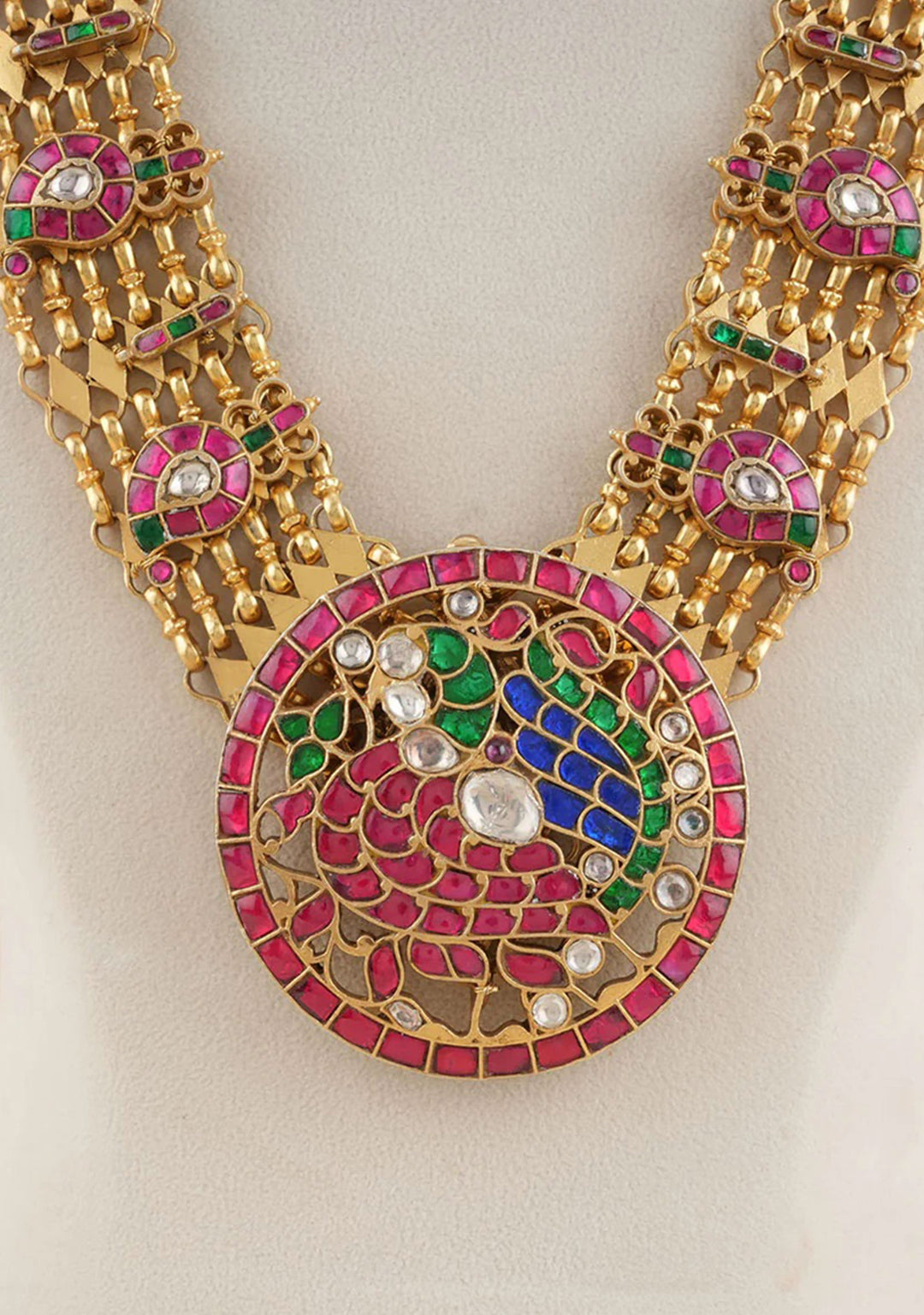 92.5 Silver Kundan stone Mango Units Necklace with Multicolor Mandala Annapakshi Pendant