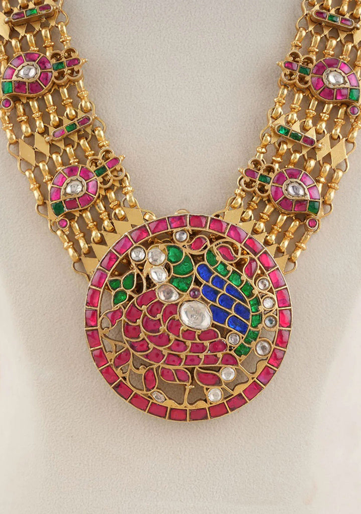 92.5 Silver Kundan stone Mango Units Necklace with Multicolor Mandala Annapakshi Pendant