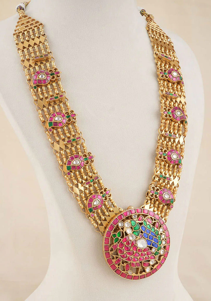 92.5 Silver Kundan stone Mango Units Necklace with Multicolor Mandala Annapakshi Pendant
