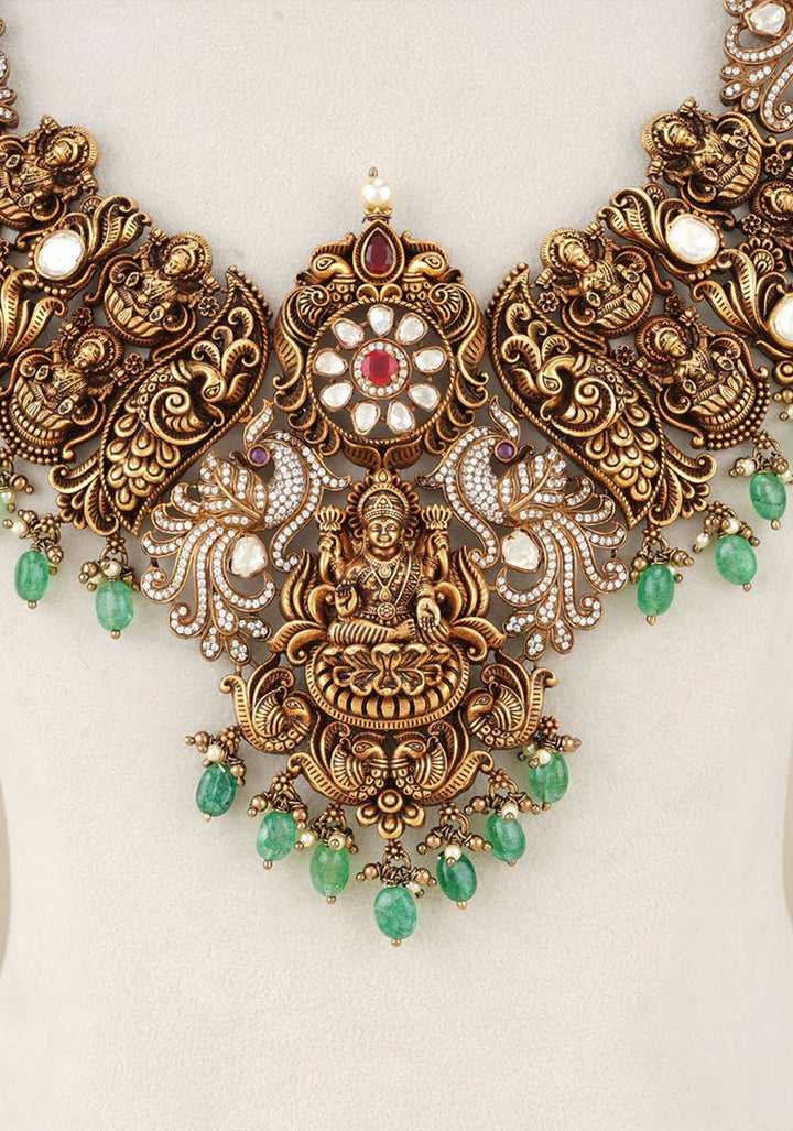 92.5  Silver Lakshmi Long Necklace and Earrings Antique Finish Set with Stone detailing and Dangling ( Short Necklace not included)