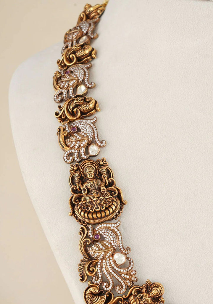 92.5  Silver Lakshmi Long Necklace and Earrings Antique Finish Set with Stone detailing and Dangling ( Short Necklace not included)